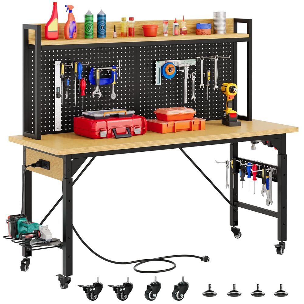 Woodworking Workbench - 60in Heavy Duty Workbench with Pegboard